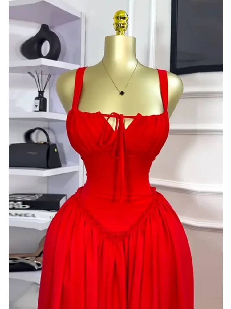 Abito lungo da donna Abiti a linea con scollo a V senza maniche Casual con lacci Vita alta Abiti slim fit Elegante festa notturna Primavera 2025