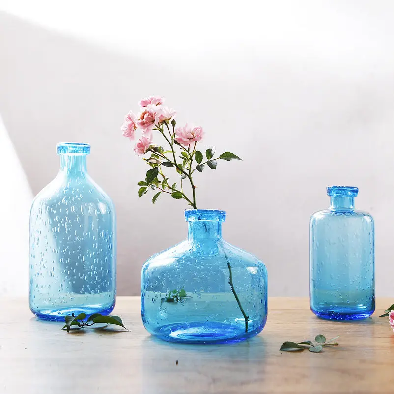 Blue Glass Retro Simple Style Bubble Vase Hydroponics Container Transparent Decoration
