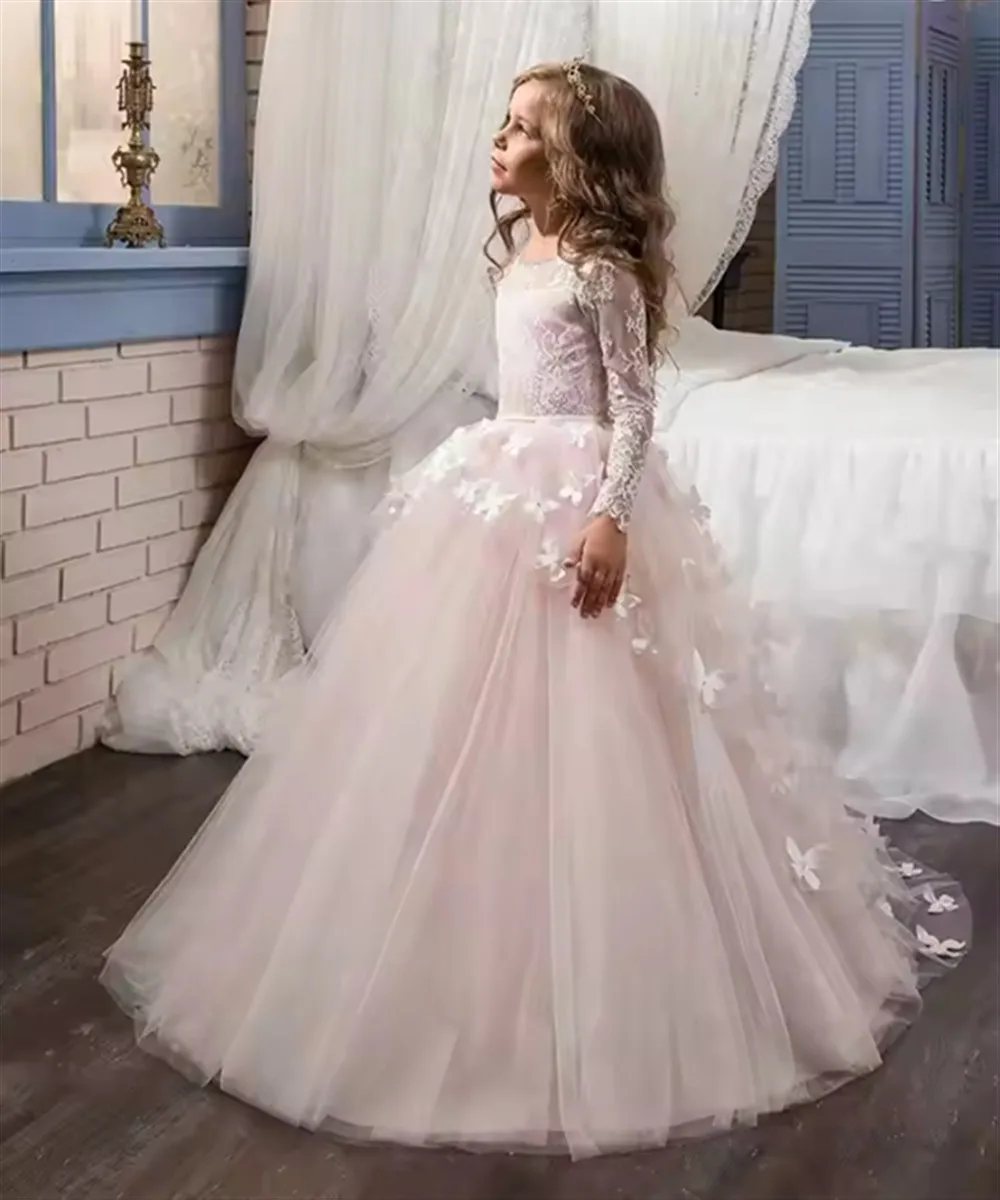 

Elegant Butterfly Flower Girl Wedding Dress Appliques Lace Full Sleeved Princess Birthday Party Dress First Communion Ball Gown