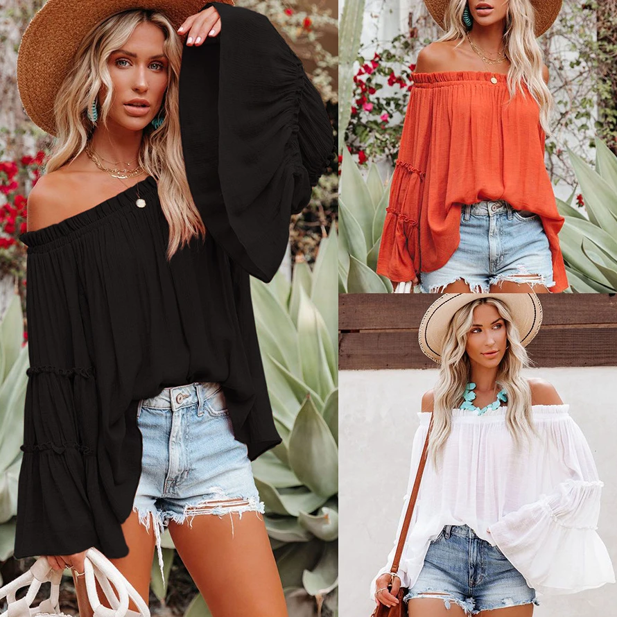 Sexy Off Shoulder Flare Long Sleeve Blouse for Women Casual Loose Oversize Autumn Tops AM4576