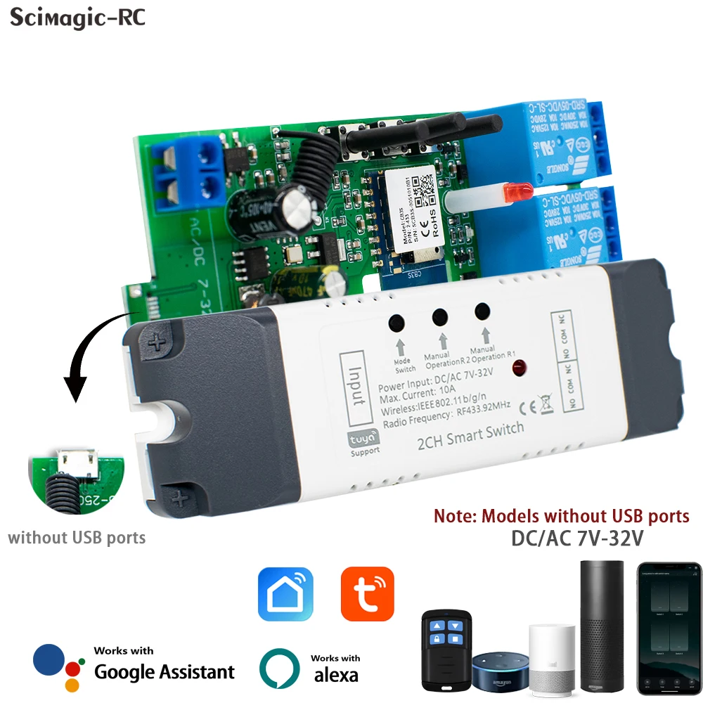 

2CH Alexa Smart Switch Tuya Smart Home Пульт дистанционного управления Wi-Fi Switch 220 В 7-32 В 85-250 В 10A RF433 Дистанционный 2-канальный импульсный модуль Реле