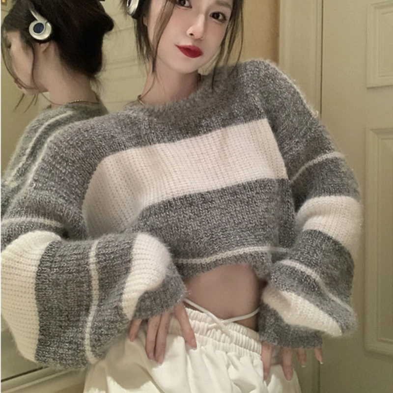 Striped Pullovers Women Soft Baggy Knitted Crop Sweater Autumn Simple Streetwear Casual All-match Sueter Mujer Comfort Ulzzang