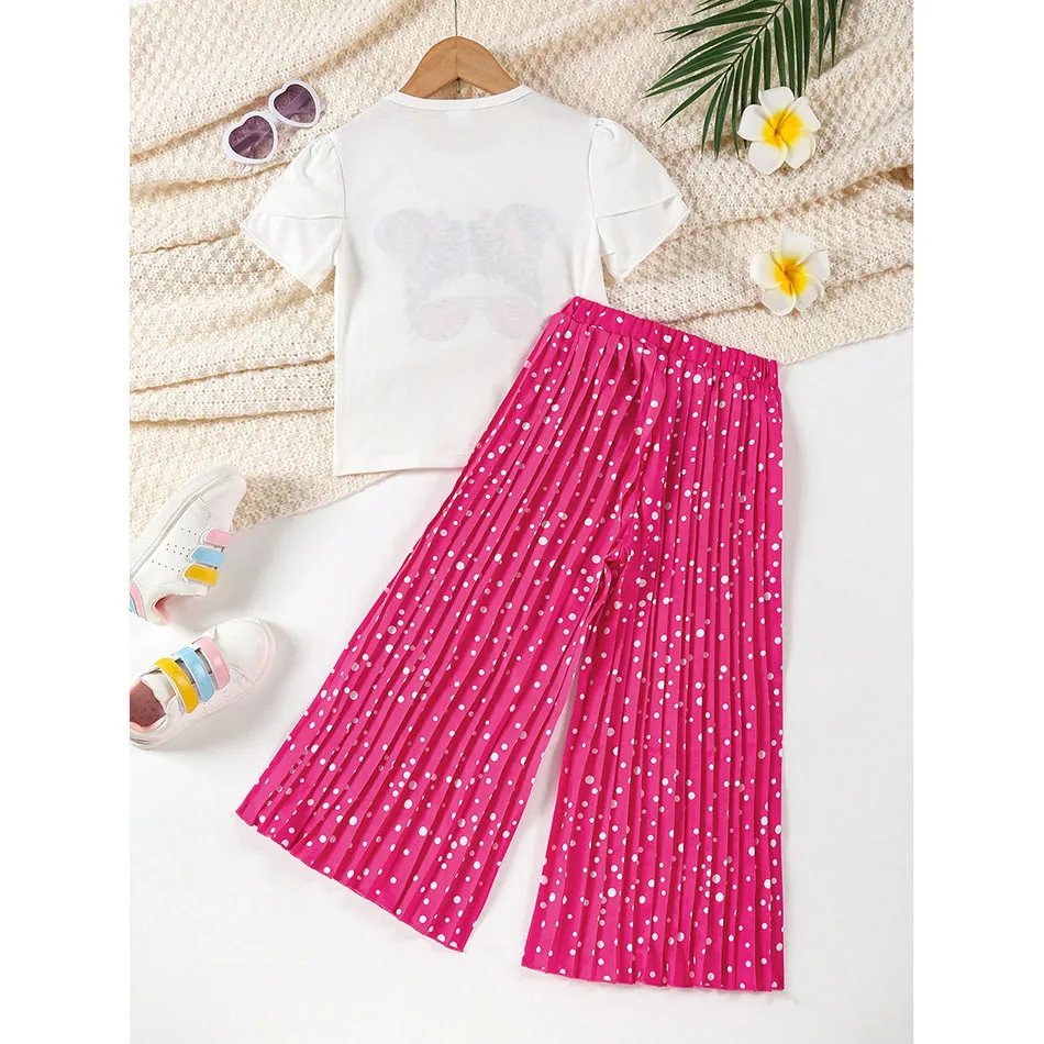 Girls Summer Autumn Sets Stylish Cool Cartoon Avatar Short Sleeve Wave Fold Design Wave Dot Wide Leg Pants Casual Two Piece Sets