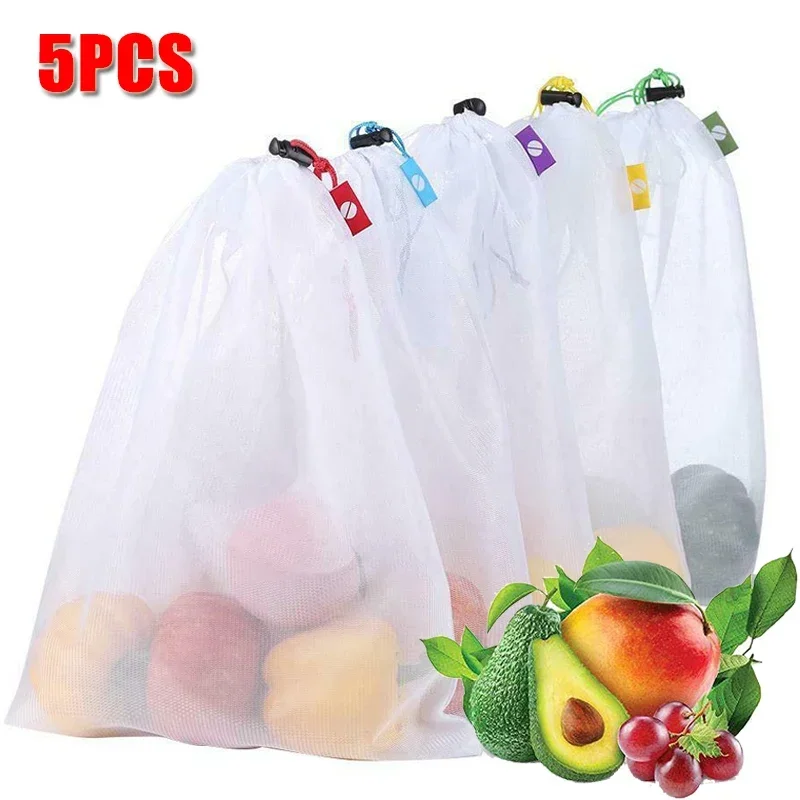 5pcs Fruit Vegetable Storage Mesh Bags Reusable Net Bags Kitchen Food Organizer Washable Toys Grocery Storage Packaging Bag