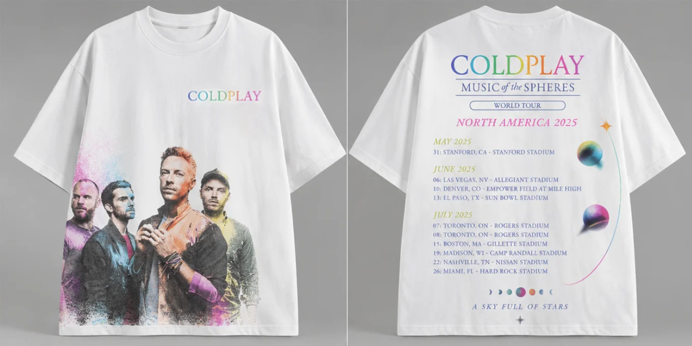 Coldplay Music Of The Spheres Tour Unisex Washed T-Shirt, Front & Back 3D Print, Street Casual Vintage Rock Short Sleeve Tee