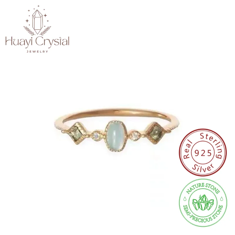 

s925 sterling silver plated 14k gold aquamarine green olive ring women fashion light luxury design gift