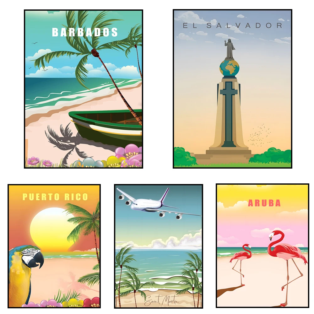 Póster de viaje tropical de San Lucia, Aruba, México, Granada, Reef de Barrera Belize, Costa Rica, Barbados, El Salvador, Caribe