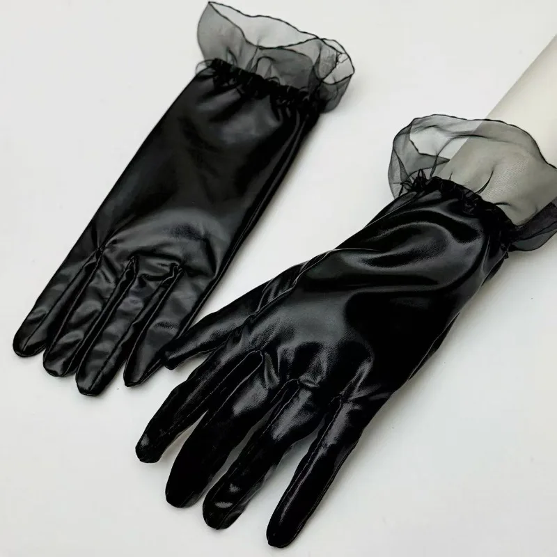 23CM Sexy Elegant Patent Leather Short Wrist Gloves for Women Organza Ruffle Cuff Evening Party Prom Cosplay Stage Performance