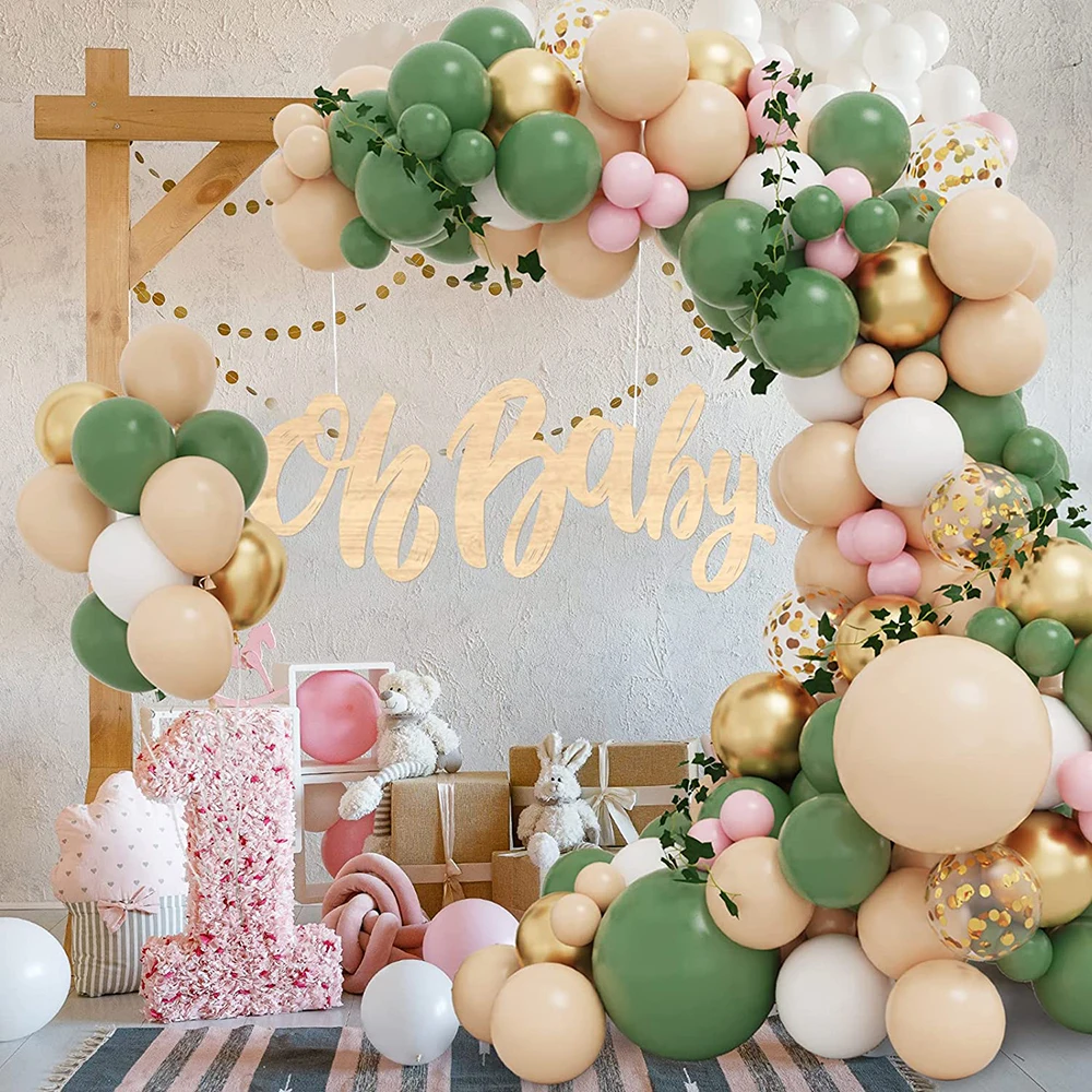 Olive Green Balloon Garland Arch Kit Blush Nude Balloons Artificial Ivy Leaves Baby Shower Birthday Party Decoration Gold Ballon