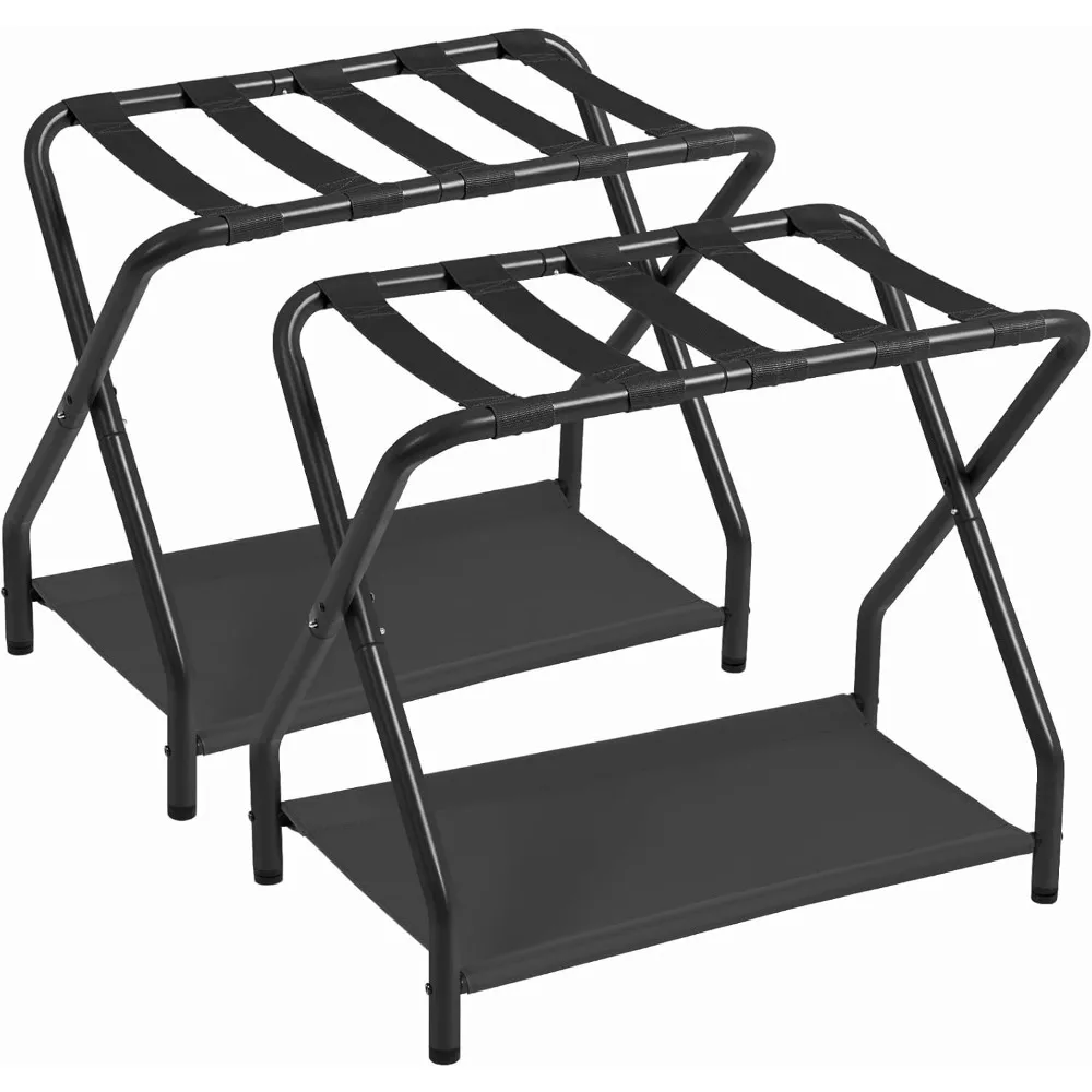 

Foldable Suitcase Stand Set of 2 Metal Luggage Rack with Storage Shelf for Guest Bedroom Hotel Easy Assemble Black