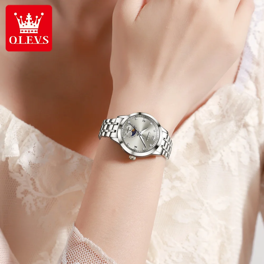 ساعة ماركة OLEVS، ساعة ميكانيكية أوتوماتيكية بالكامل لمرحلة القمر، ساعة نسائية، ساعة نسائية 7041