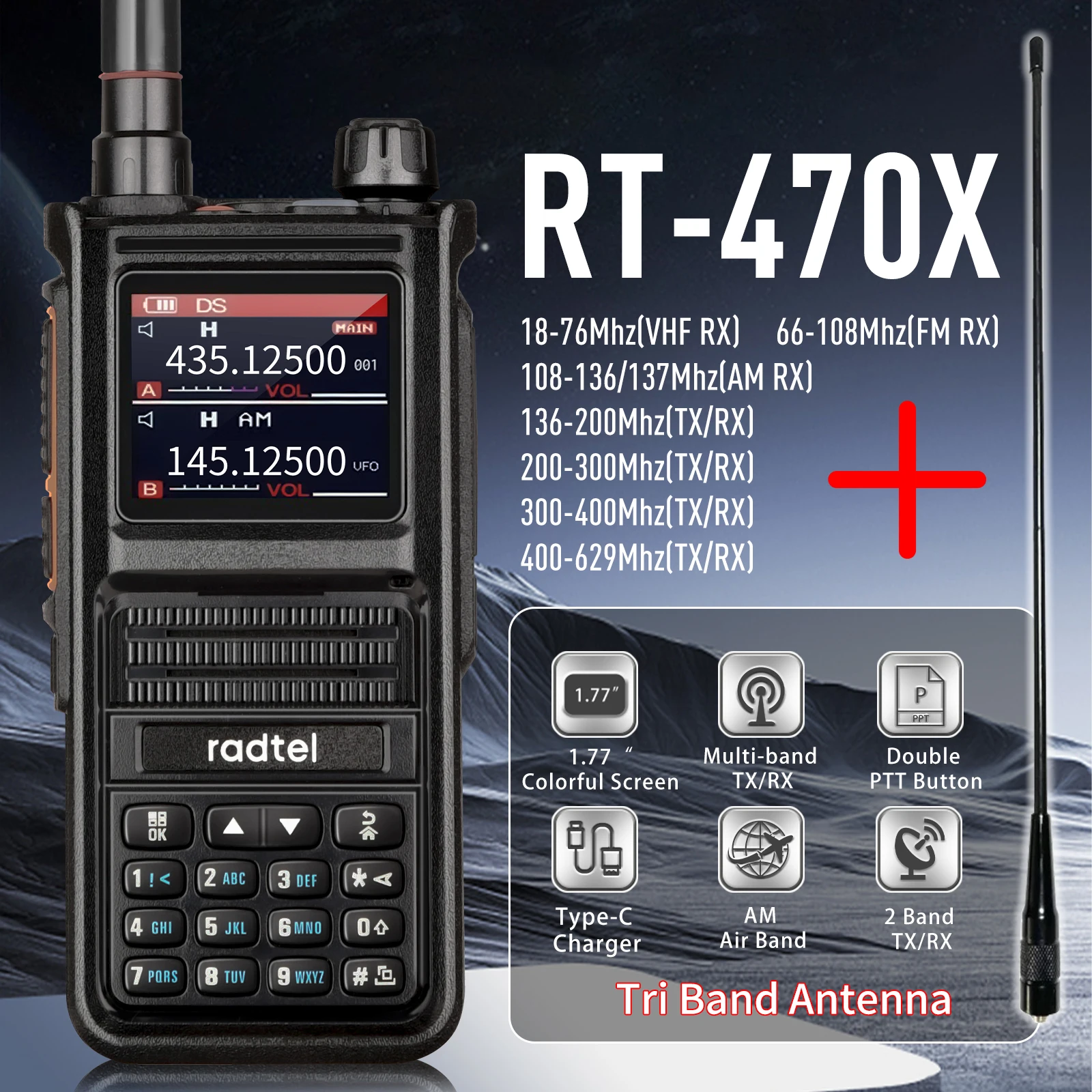 

Radtel RT-470X Multi-bands Ham Walkie-Talkies 256CH Air Band Two Way Radio Station Aviation NOAA Police Marine Transceiver PTT