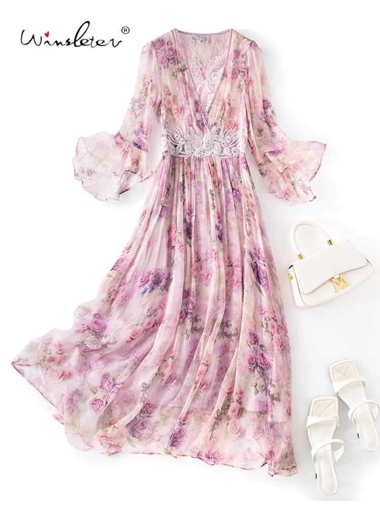 

Winsleter-Women's 100%Real Silk Elegant Dress, V Neck Butterfly Sleeve Beading, Beach Vacation Dresses, 2025 Summer New D55708CC