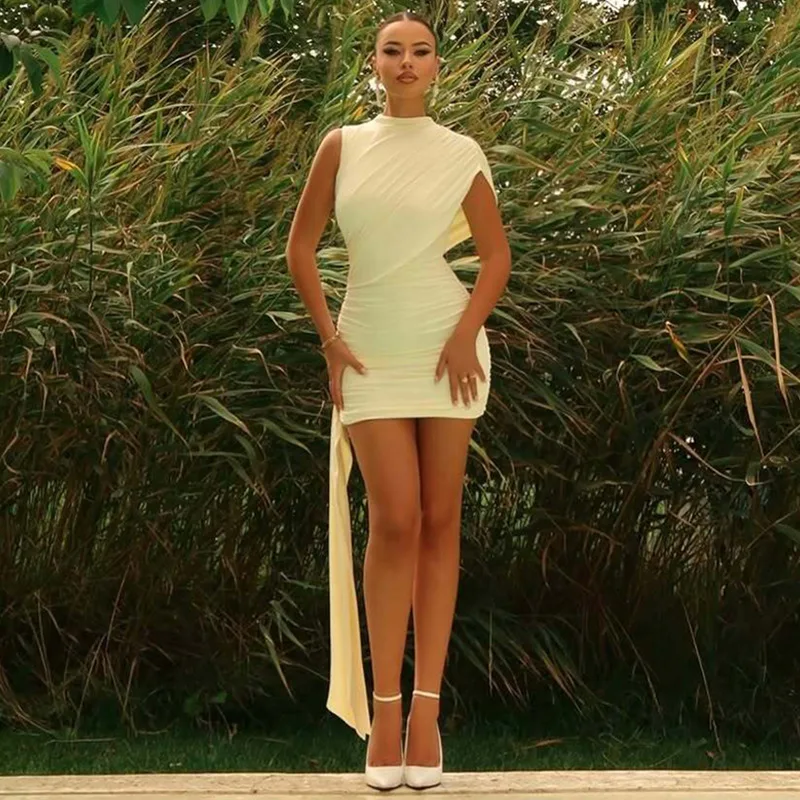 فستان Blifanbo ذو كتف مائل مكشكش ضيق للنساء بأكمام قصيرة وشريط مرقع أبيض أنيق للحفلات والنوادي جديد #5