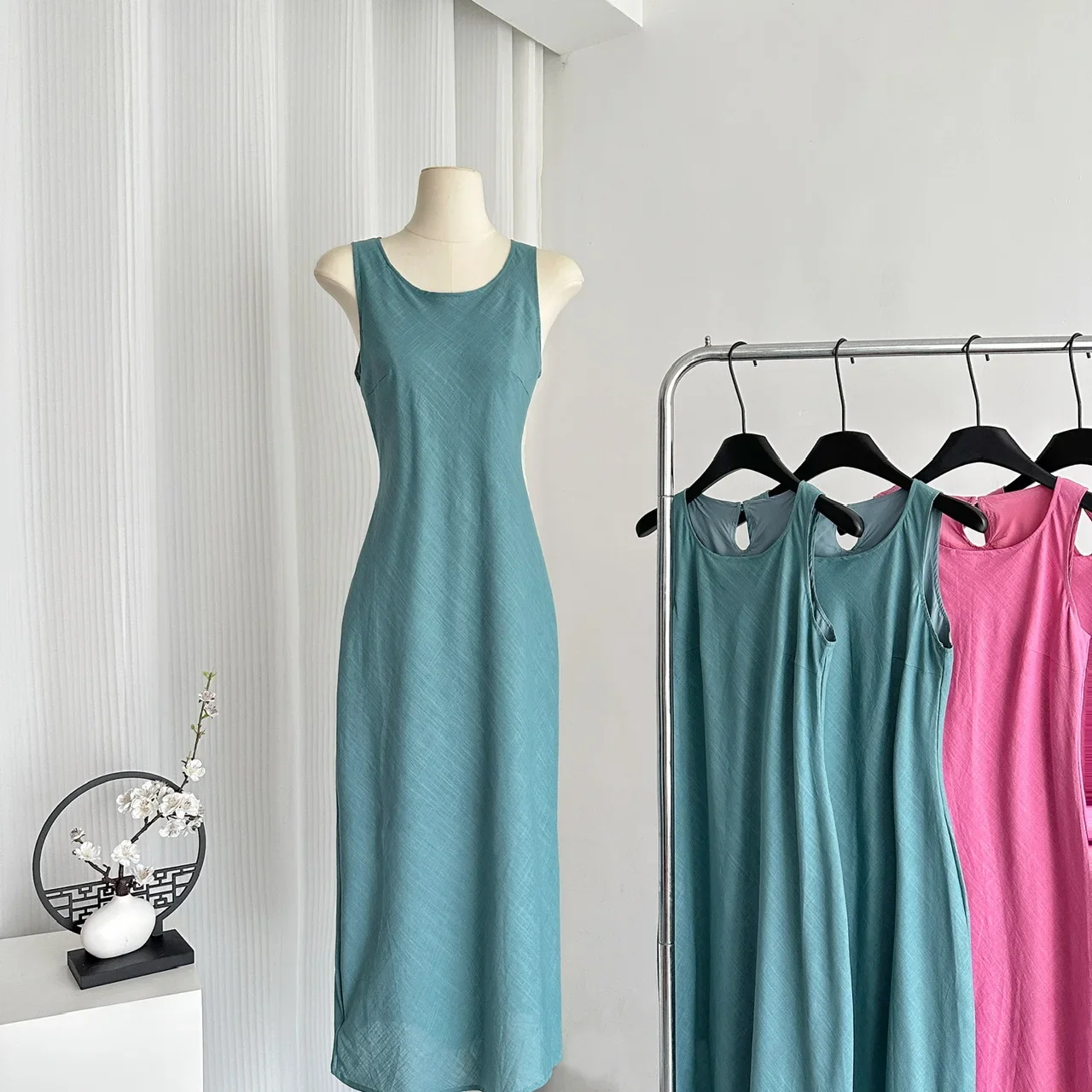 Vestido fino split vintage feminino, fêmea elegante, ramie casual, tencel, cor sólida, sem mangas, vestidos de festa longos, verão