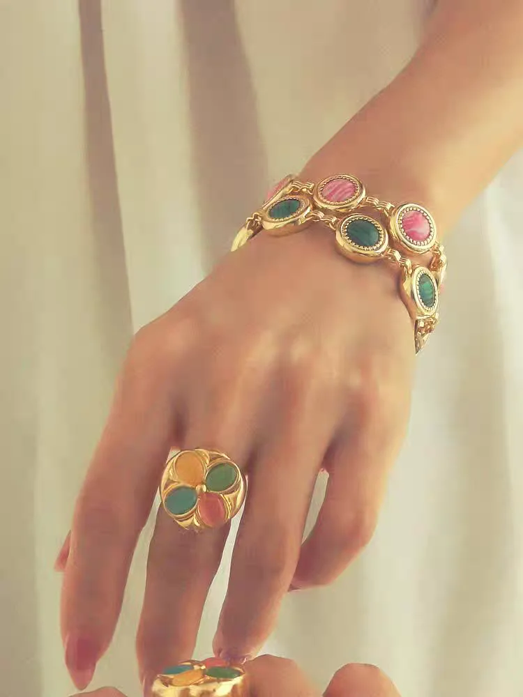 

Brass Statement Colorful Stone Beads Bracelet Women Jewelry Designer T Show Runway Gown Rare INS Japan Korean Trendy