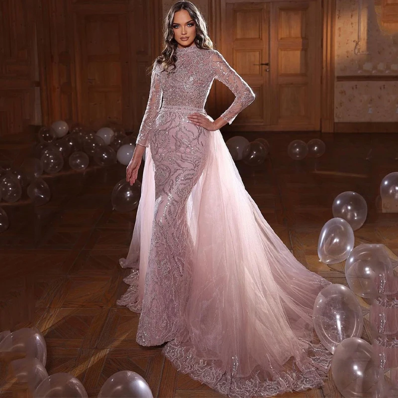 Fancy Pink Evening Dresses Sequined Beading Prom Gowns Custom Made Long Sleeves Crystals Party Dresses