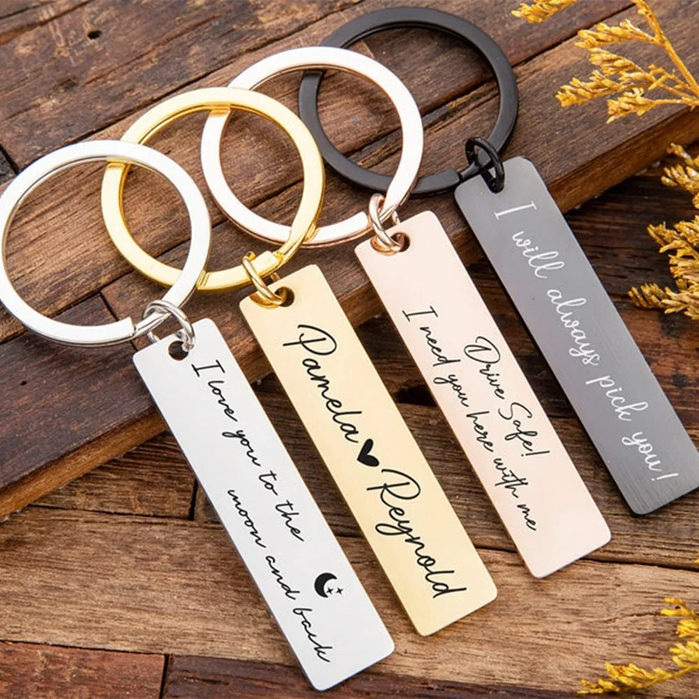 Personalized Engraved Keychain Stainless Steel Drive Safe Bar Keyring Couple Key Chain Birthday Gifts For Women Men Jewelry