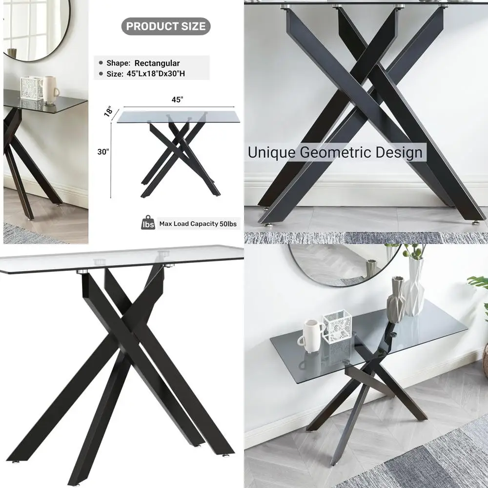 طاولة أريكة حديثة ضيقة مع سطح زجاجي رمادي وأرجل معدنية سوداء، حافة ذهبية، 45 لتر × 18 عرض × 30 ساعة