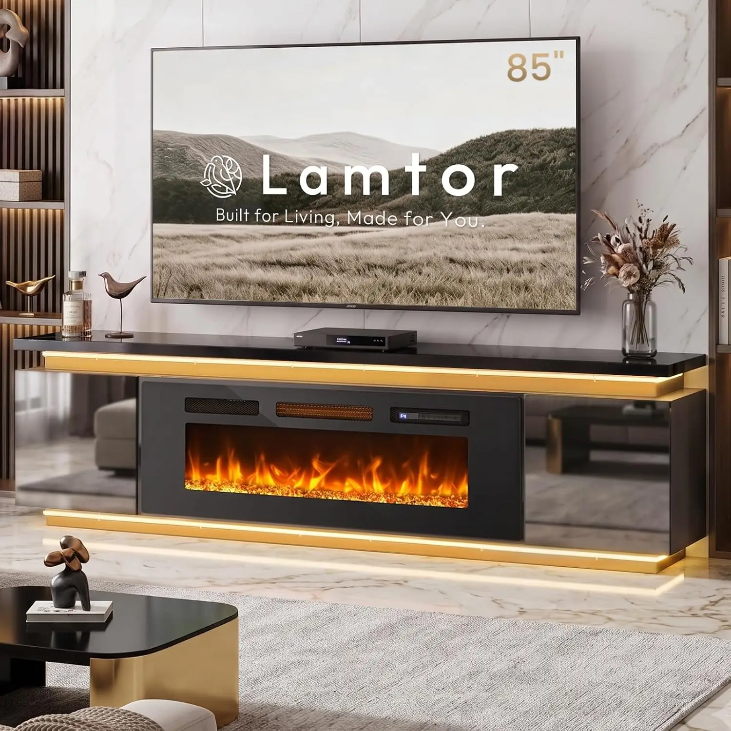 Fireplace TV Stand 40in Electric Heater 85 Inch Entertainment Center, Customized