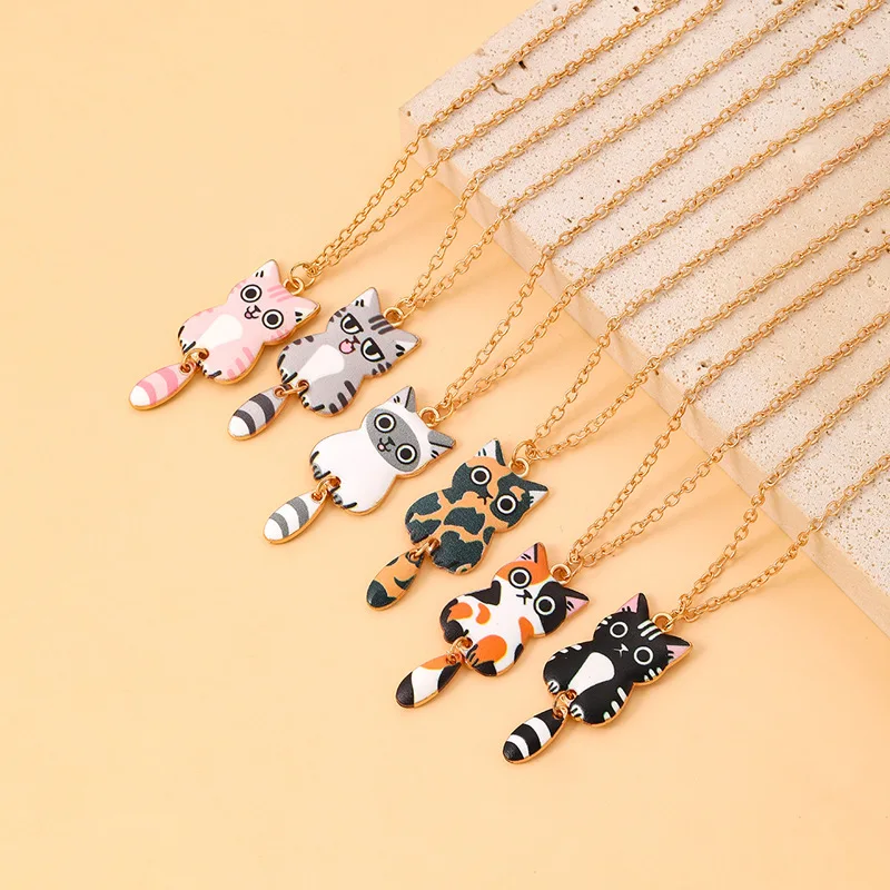 Elviragirl 1Set Cartoon Cat Charm Necklace for Women Personality Fashion Necklace Children Jewelry Birthday Gifts image 2