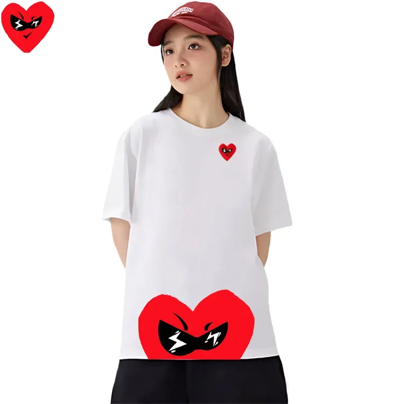 Break Egg Women T-shirt Cute Red Heart Embroidery Cute Little Character Heart Print Cotton O-neck Short-sleeved Straight T-shirt