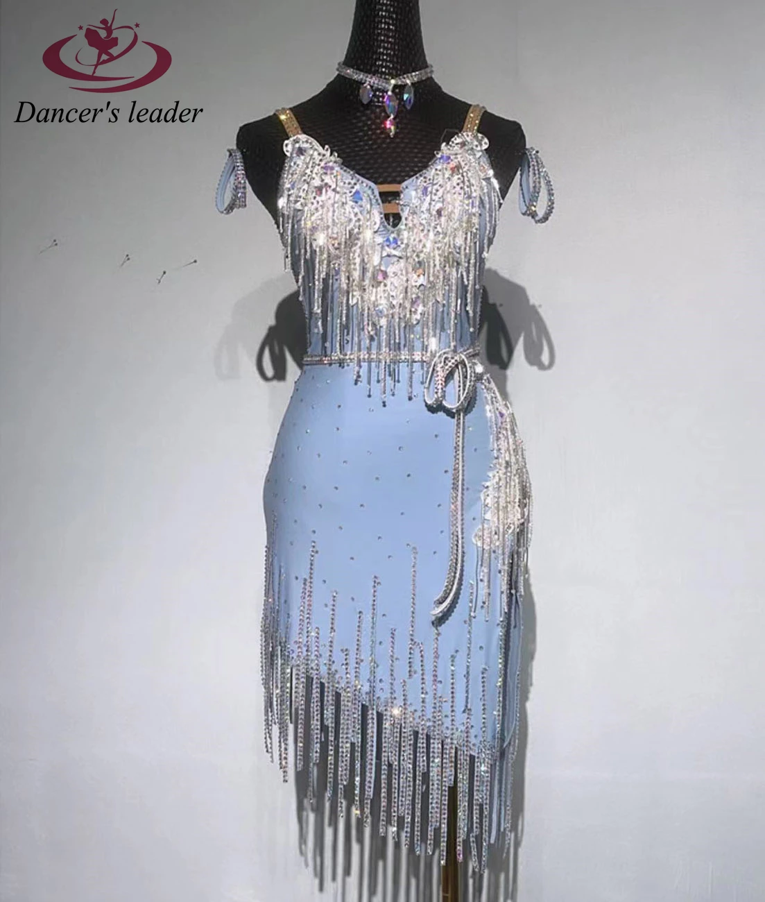 

Платье для латинских танцев, высококачественное платье на заказ, тонкий обнаженный ремешок с бриллиантовой цепочкой, ча-ча, танго, женская профессиональная одежда для сцены для взрослых