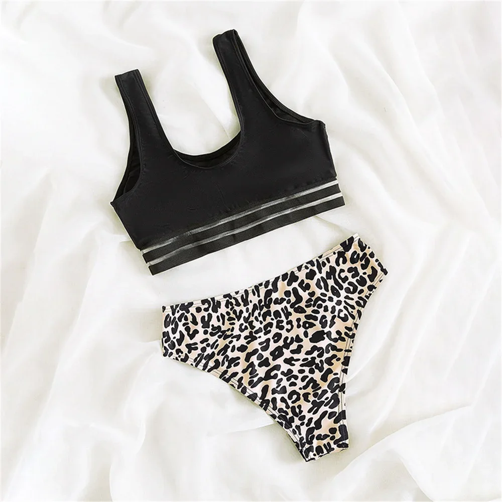 섹시한 레오파드 비키니 통 블랙 탑 수영복 하이 웨이스트 Tankini 휴가 수영복 여성 브라질 세트 비치 복장 수영복