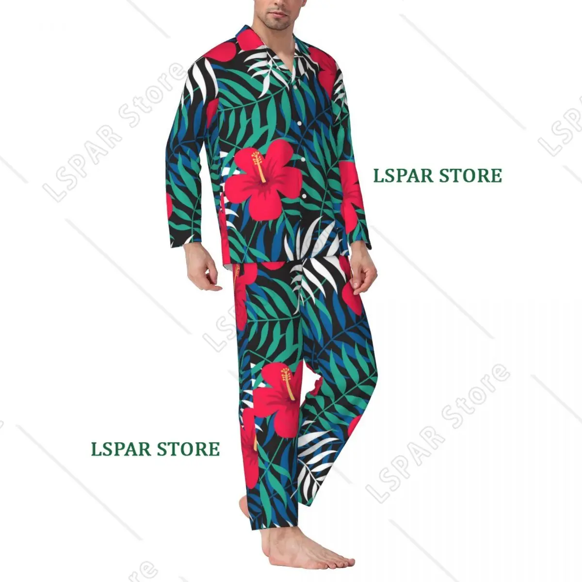 Tropical Flower Pajama Sets Leaves And Red Floral Lovely Sleepwear Male Long Sleeves Casual Home 2 Piece Nightwear Plus