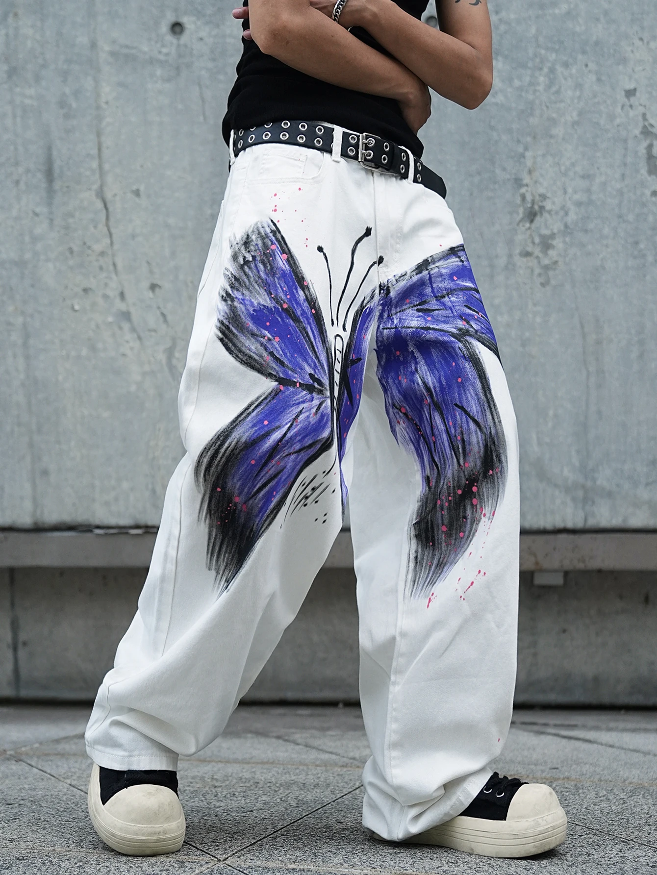 Men's Stylish Y2K Vintage Streetwear Jeans, Baggy Purple Butterfly Print Denim Trousers For Men, Versatile Casual Long Pants