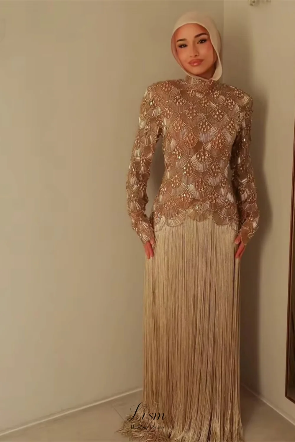 Luv Luxury High Neck Long Sleeves Evening Dresses Beaded Fringe Straight Special Occasion Gown Vestidos Prom Dress Customized