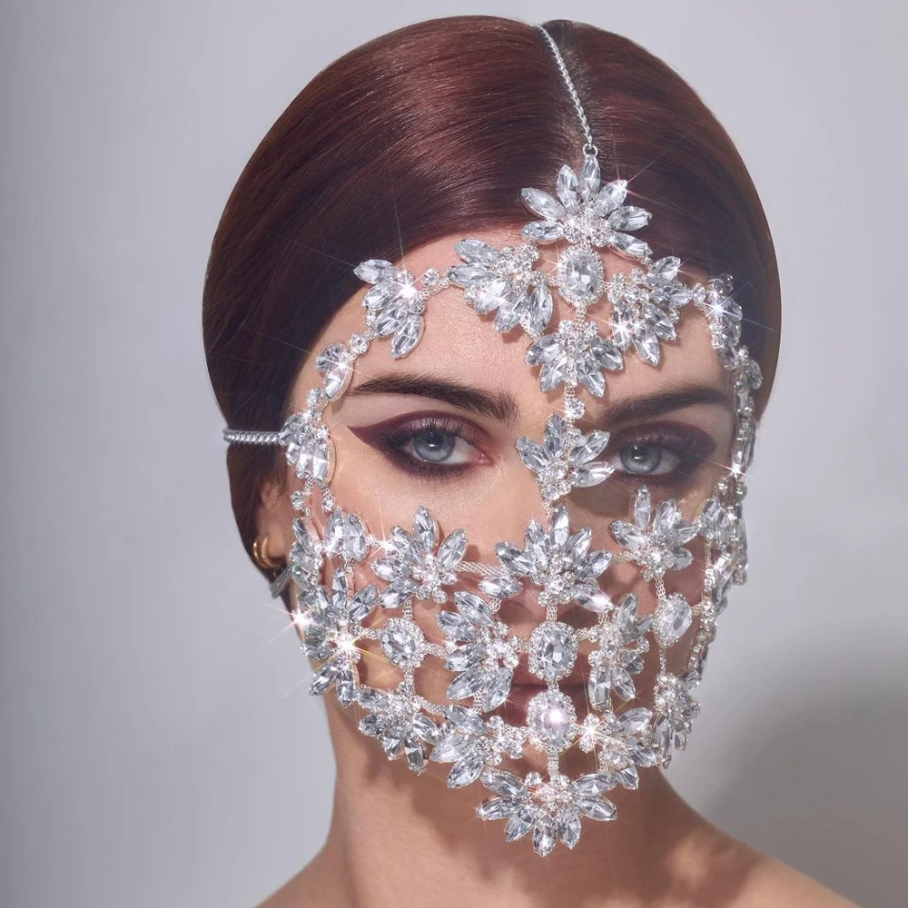 

Rave Women Exaggerated Rhinestone Mask Veil Masquerade Jewelry Nightclub Geometric Crystal Face Chain Masks Party Accessories