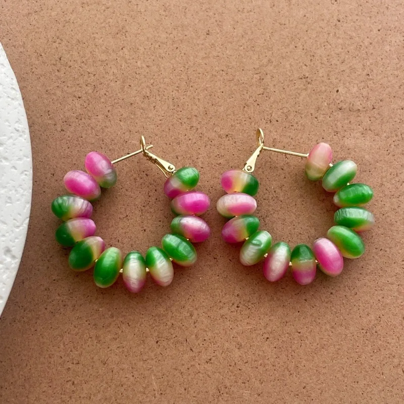 Minar Unique Design Rainbow Gradient Color Resin Beads Round Circle Hoop Earrings for Women Gold Plated Copper Alloy Jewelry