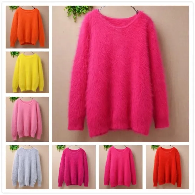 Factory clearance female women hairy real mink cashmere knitted long sleeves slim blouses pullover angora fur jumper sweater top