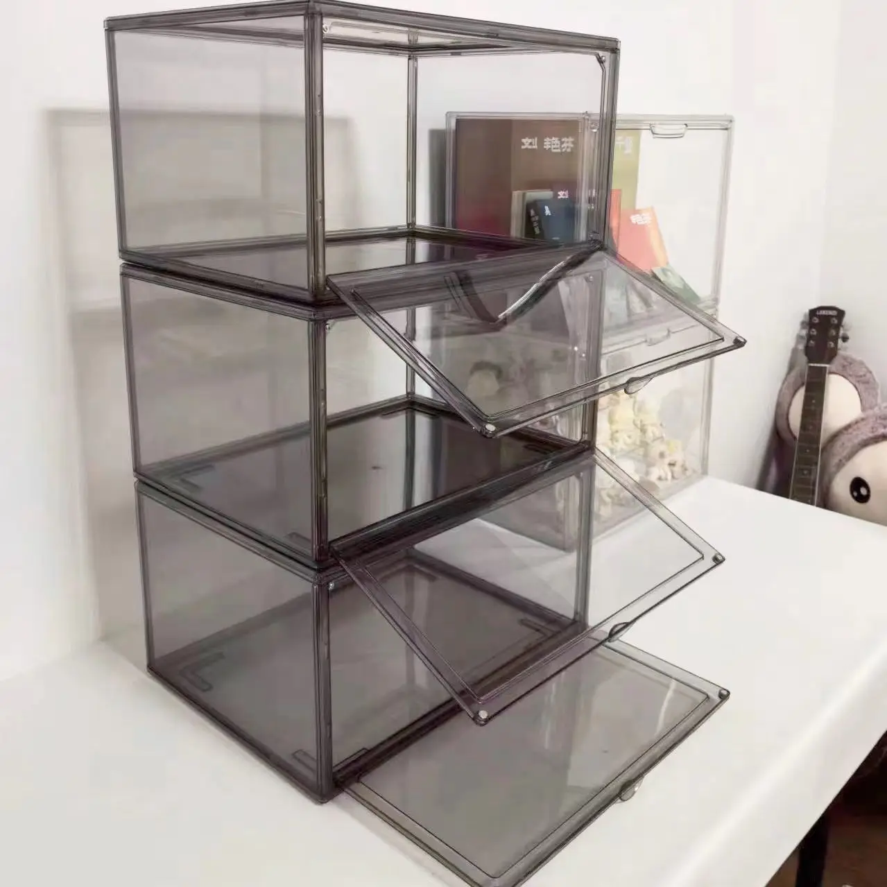 3 Pack Stackable Shoe Storage Boxes, Clear Smoke Gray Plastic Shoe Organizer Bins with Front Opening Door, Foldable Shoe Display