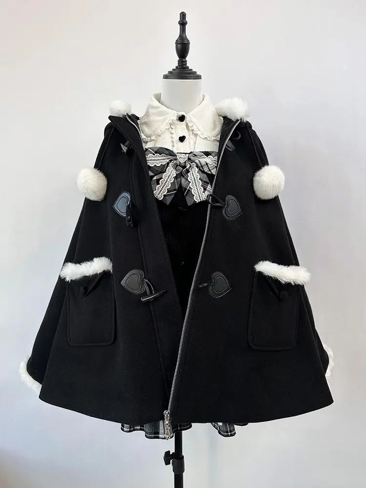 Japanese Gothic Dark Academia Jacket Autumn Hooded Subcultural Jackets Y2k Woolen Coat Winter Clothes Women Long Chaquetas