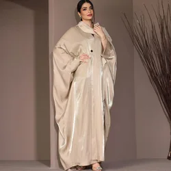 Bright Silk Satin Batwing Sleeve Cardigan Robe Modest Muslim Dubai Plus Size Kimono Open Abaya Dress Corban Eid Woman