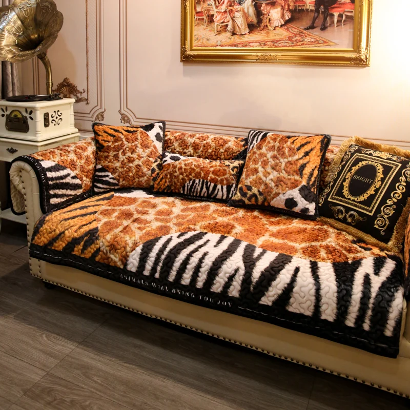 Sofa Cover Modern Light Luxury Tiger Print Sofa Cushions New Style Wintertime Anti-cat Scratch Cover Plush Animal Pattern