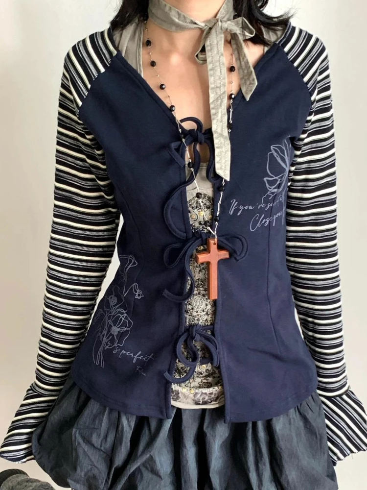 

Y2k осенний субкультура винтажный полосатый лоскутный тонкий кардиган с длинными рукавами 2000-х годов с принтом элегантный корейский свитер с расклешенными рукавами шикарный