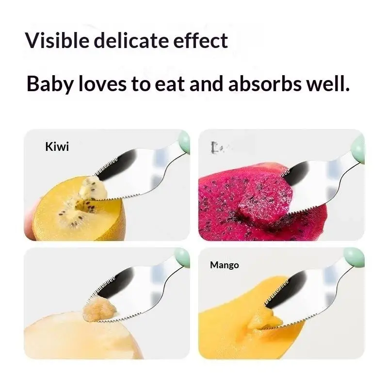 【BS】Double Head Baby Food Spoon Stainless Steel Fruit Scraper Silicone Tip Feeding Spoon For Infant Complementary Food Making