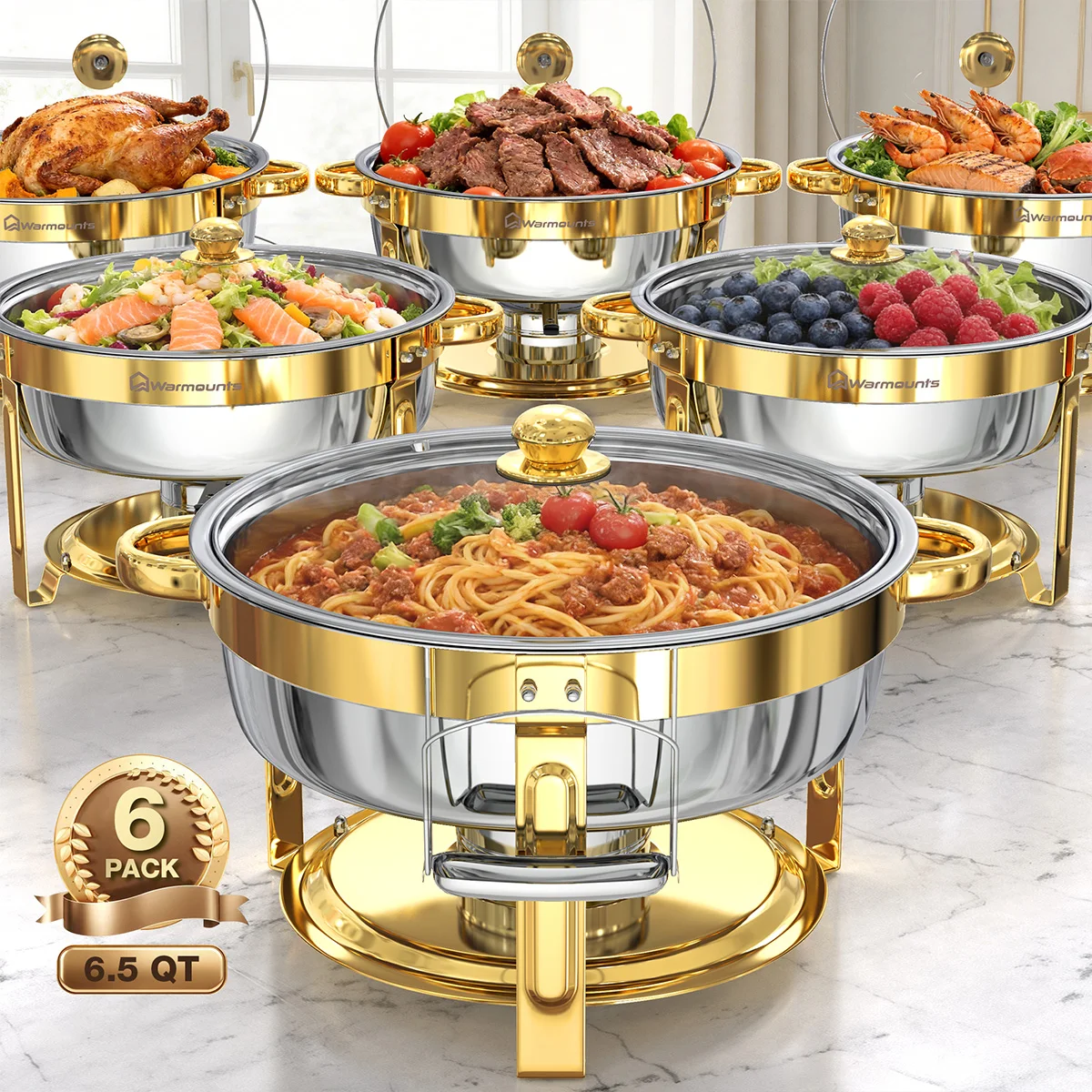 6,5QT Chafing Dishes voor Buffet, Ronde Chafing Dish Buffetset, RVS Buffet Warmhouders Set voor Catering Evenementen Feesten - afbeelding 2