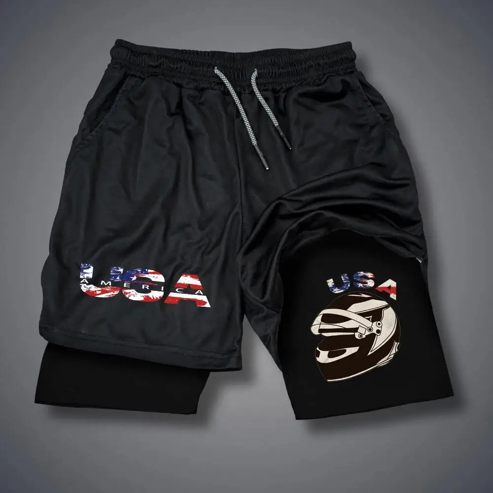 

Summer Quick Dry Men's Shorts USA Letter Print Double-deck 2 In 1 Thin Breathable Casual Short Pants Sportwear