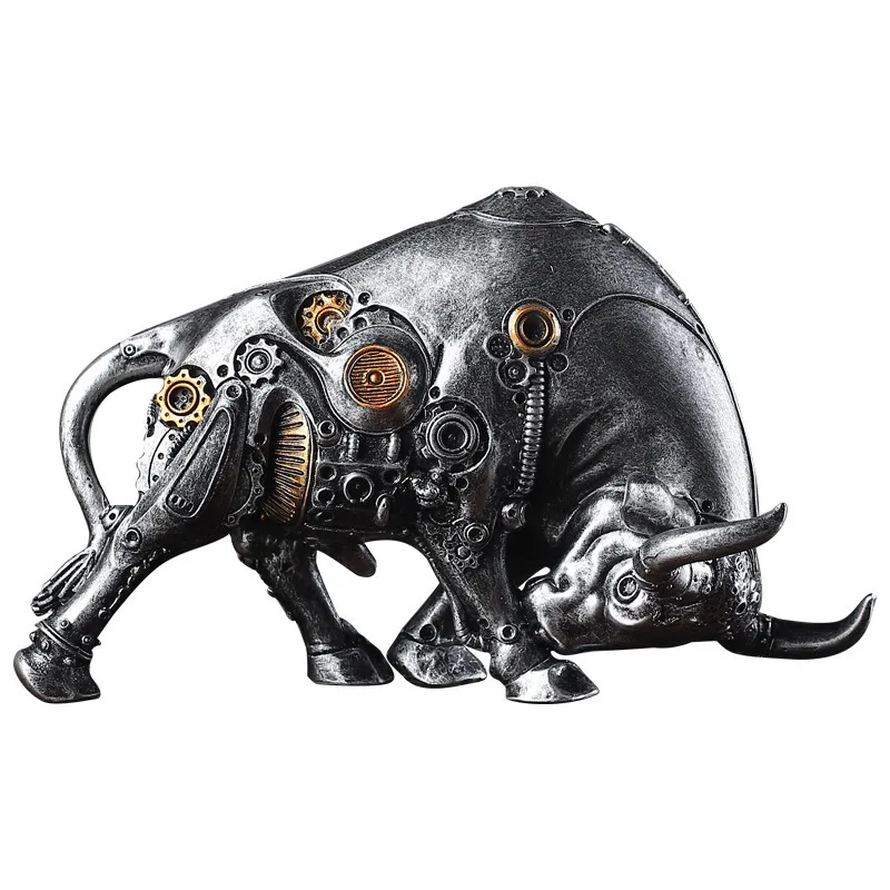 Cyberpunk Nordic Bull Statue‌ - Steampunk Resin Sculpture, Geeky Home Office Decor