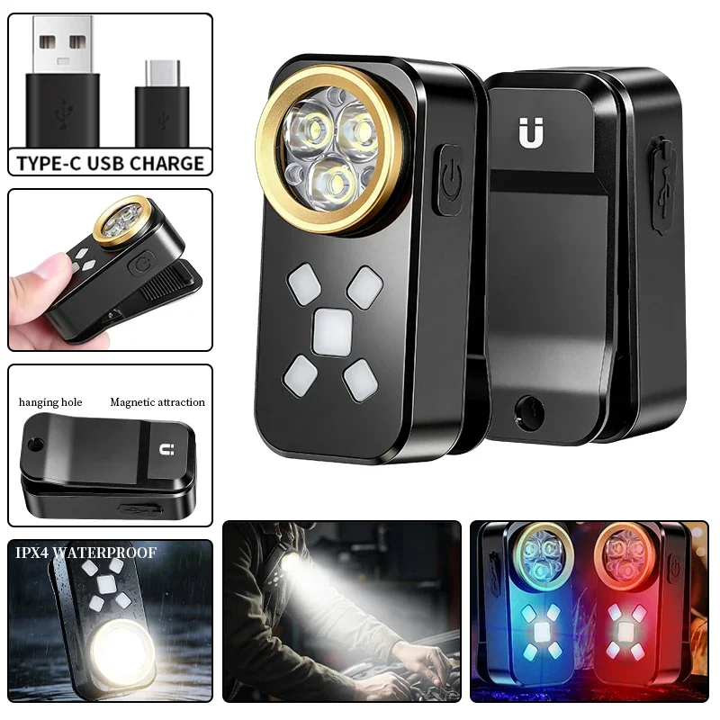 flashlight with magnetic clip, compact and lightweight, LED high-intensity outdoor work light with red and blue warning flash