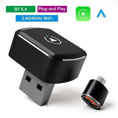 Adaptador inalámbrico CarPlay y Android Auto 2 en 1: Plug-and-play, conexión automática rápida, puertos USB/USB-C, accesorio esencial para automóvil