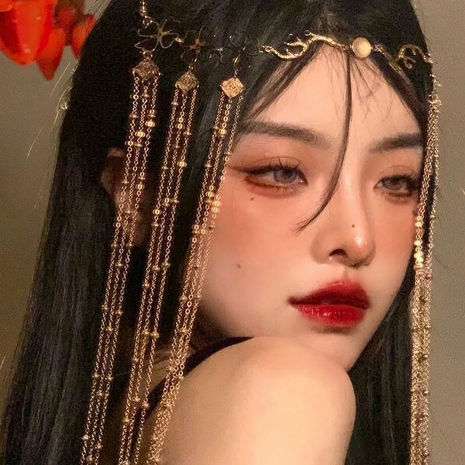 1PC Golden Tassel Head Chain - Boho Vintage Floral Hair Jewelry for Women, Festival Party Accessory