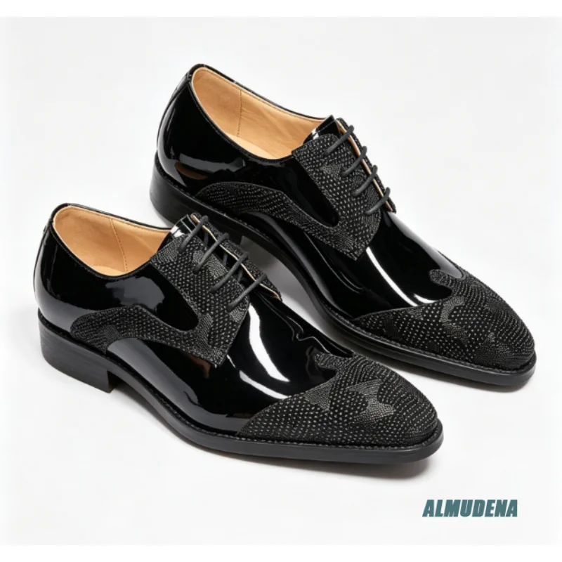 Fashion Men Patent Leather Dress Shoes Sparkly Rhinestone Lace-Up Oxfords Pointed Toe Wedding Banquet Formal Business Shoes