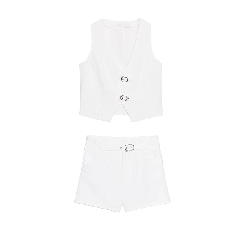 

Повседневный комплект из джинсового жилета и рта с v-образным вырезом и пуговицами, лето 2023, модный женский наряд с застежкой на пуговицы