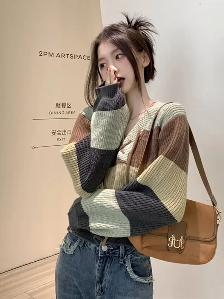 Vintage Striped Cropped Sweater Women Korean Style Jerseys Harajuku Patchwork Long Sleeve Knit Tops Kpop Jumper Lace Up