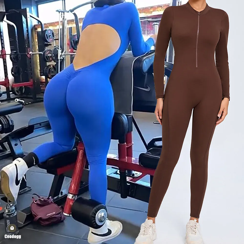 Women Long Sleeve Zipper Jumpsuit One-Piece Zipper Yoga Set Gym Push Up Workout Clothes Fitness Bodysuit Sportswear